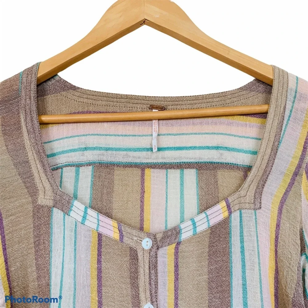 FREE PEOPLE Size S Gauze Button Down Stripe Cotton Blouse Wide Pleated Sleeve